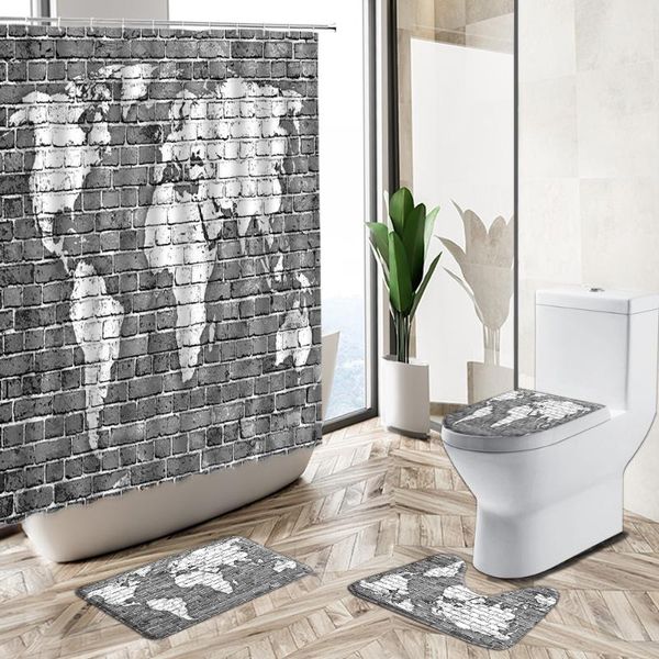 

printing 3d waterproof shower curtain set retro old brick wall navigation bathroom non-slip pedestal rug toilet cover curtains