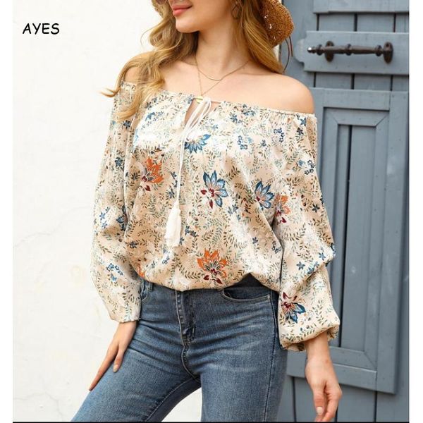 

women's blouses & shirts women female pullover shirt floral printed chiffon 2021 slash neck long sleeve loose tunic blouse size, White