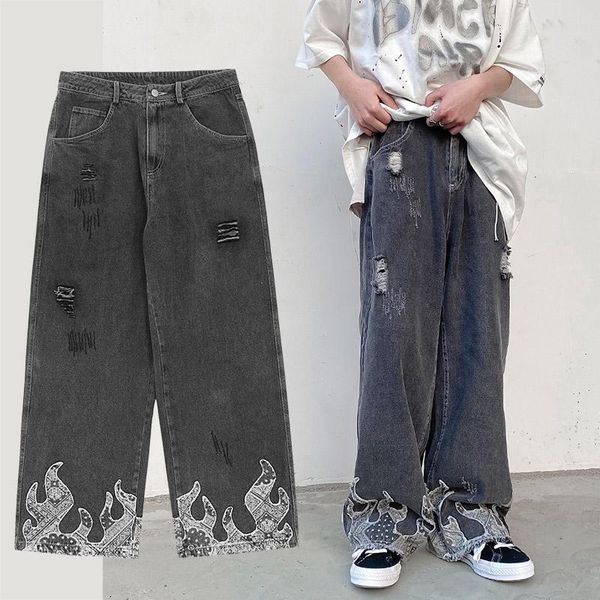 

paisley graphic jeans men streetwear gothic pants straight punk pants harajuku loose rock denim trousers hip hop high street, Blue