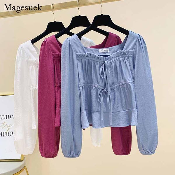 

lace-up square collar casual dames blouse autumn lantern sleeve blouses woman 2021 vintage white shirt women mujer 11230 women's & shir