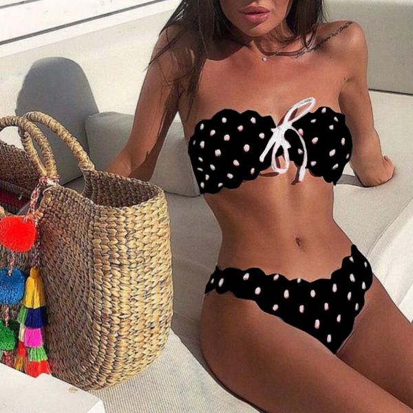 

women's swimwear off shoulder bikini women low waist swimsuit ring bathing suit ribbed polka dot print brazilian beachwear 2021, White;black