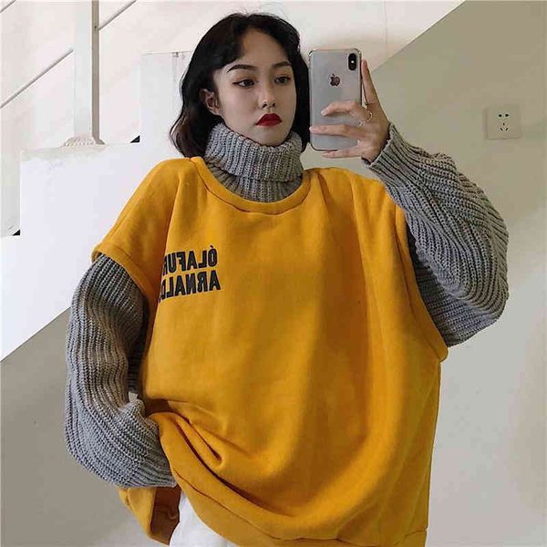 

women's two-piece loose sweater, korean street cloth, yellow sweater., White;black