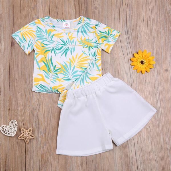 

wenazao toddler baby kid girls casual summer clothes sets leaves print short sleeve t-shirts elastic waist white shorts outfits clothing