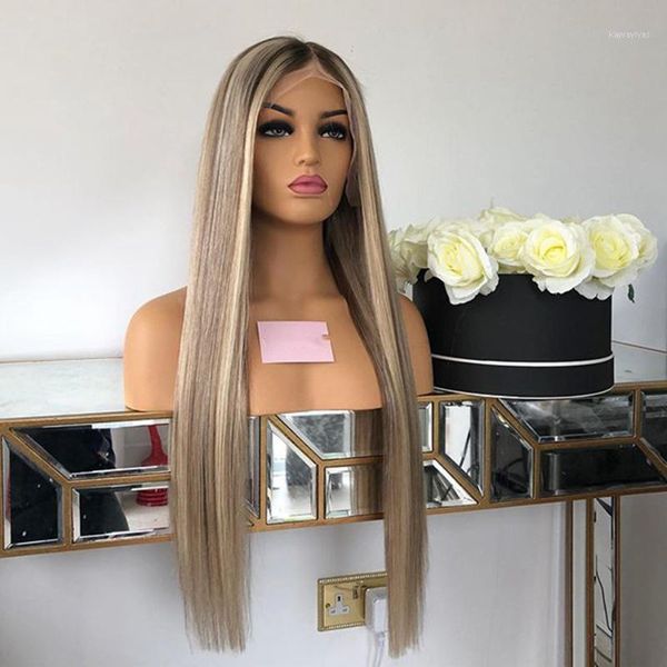 

blonde human hair 4x4 silk lace front wigs transparent silky straight highlight full for women1, Black;brown