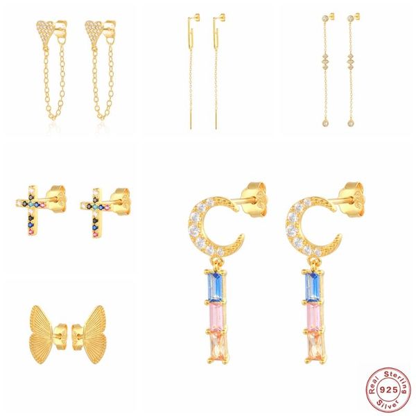 

stud minimalist 925 sterling silver women's earring fine jewerly gift piercing pendientes plata bling zircon cross earrings, Golden;silver
