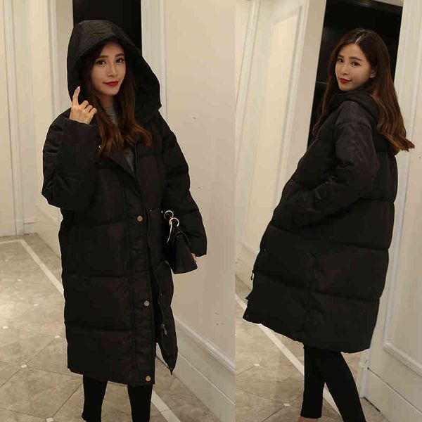 

2021 winter new style cotton-padded women korean mid-length slim and thin hooded padded plus size jacket, Black