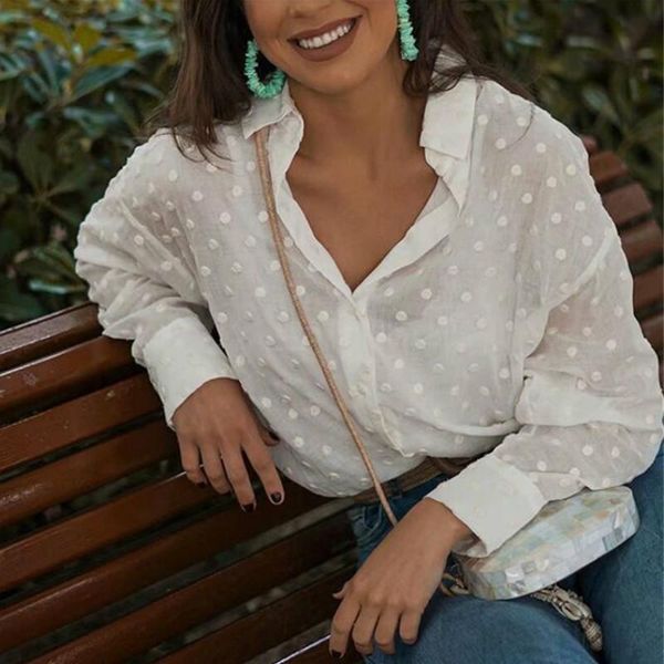 

women's blouses & shirts long sleeve white women shirt casual ladies polka dot chemise autumn femme blusa boho see through 2021