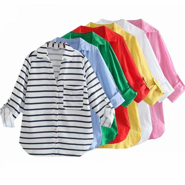 

women's blouses & shirts mxtin 2021 women spring vintage solid cotton and linen pockets fashion lapel collar 7 colors female casual, White