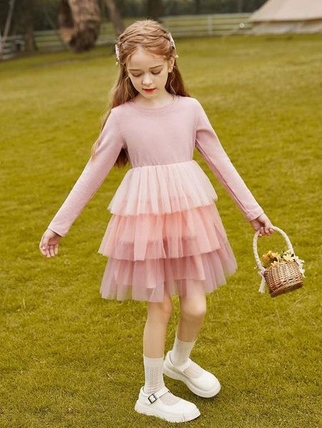 

girls mesh layered hem dress she, Red;yellow