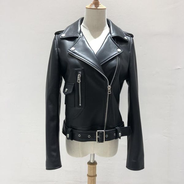

women's leather & faux sheepskin 100% woman coats 2021 female jackets motorcycle clothing real short, Black