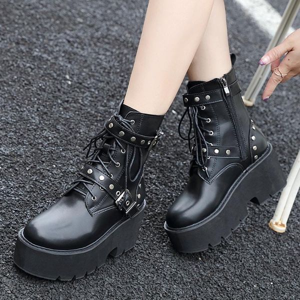 

boots fashion chunky high heels winter belt buckles leisure shoes women motorcycles cool street ankle female footwear, Black