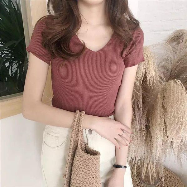 

basic knit summer t shirt women knitted short sleeves tee high elasticity breathable v neck female tshirt women's t-shirt, White