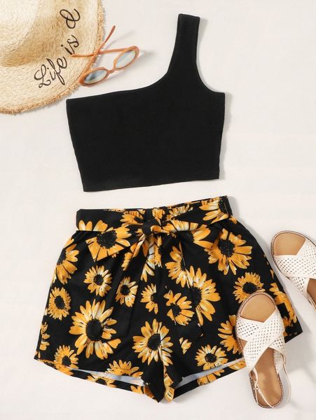 

one shoulder & sunflower print belted shorts set i7ir#, White