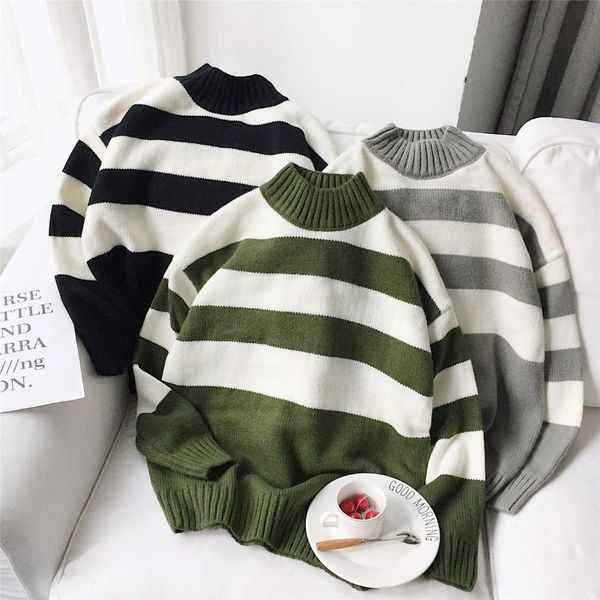

men's sweaters striped half high collar sweater fashion casual pullover men's clothes loose long sleeve autumn winter coat, White;black