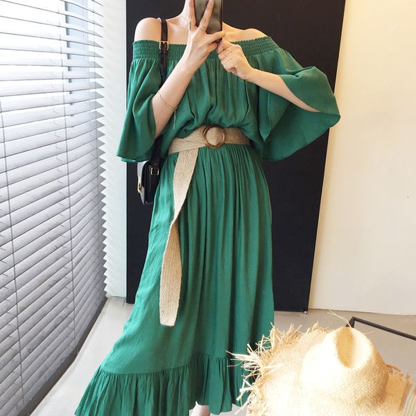 

casual dresses korean chic style pleated one line collar off shoulder loose flared sleeve with girdle xn9l, Black;gray