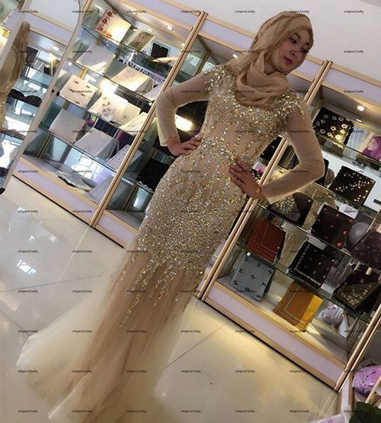 Champagne beading vestidos de baile muçulmanos 2022 brilhante cristal manga longa árabe dubai hijab sereia vestidos de noite vestido de la