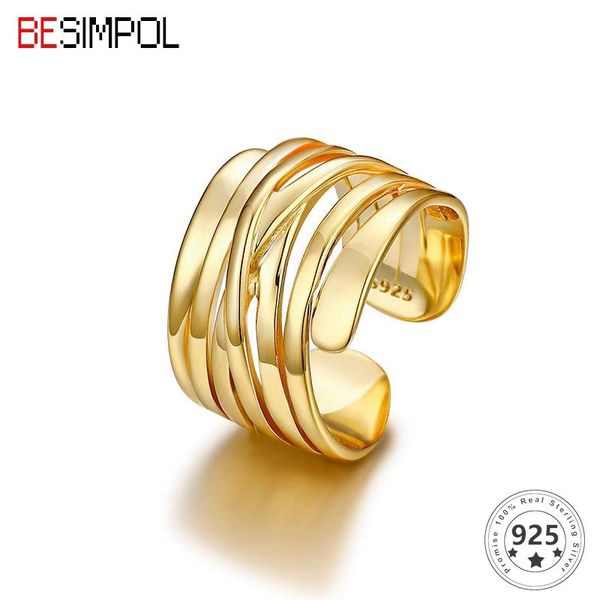 

cluster rings besimpol 100% real 925 sterling silver simple hyperbole style texture winding ring for women fashion fine jewelry gifts, Golden;silver