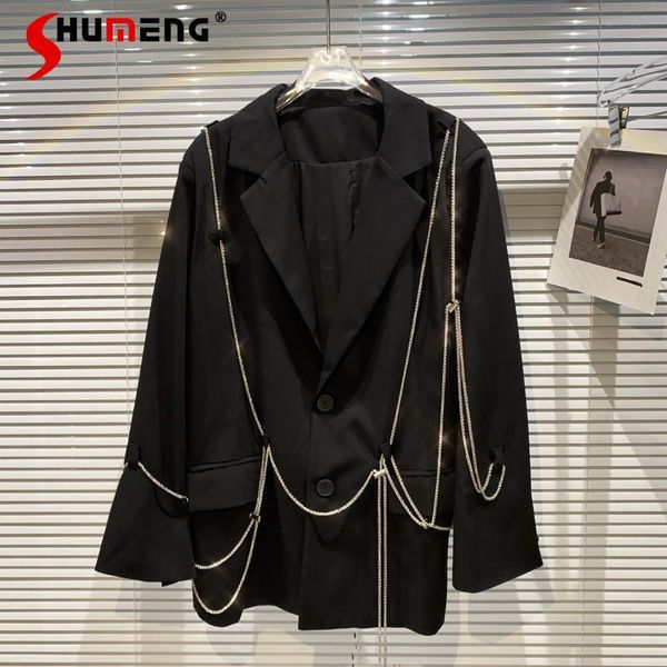 

women's suits & blazers 2021 summer metal chain decorative long sleeve suit coat for women, White;black