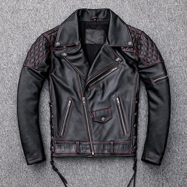 

men's leather & faux american 2021 black motorcycle style genuine jacket men plus size 4xl real cowhide winter slim fit biker's co