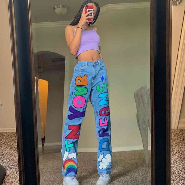 

letter printed baggy jeans woman fashion high waist loose 90s vintage straight wide leg trousers y2k cute streetwear denim pants 210515, Blue