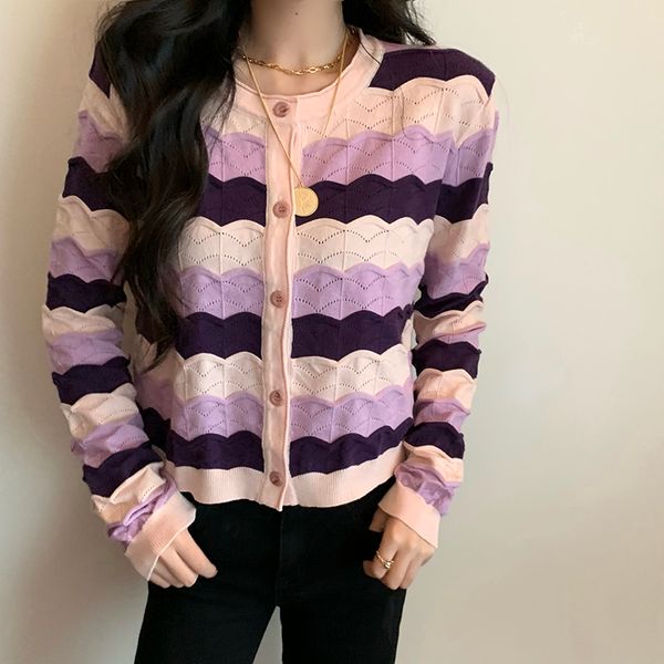

2021 autumn hollow out knitted sweater cardigan womens purple stripe long sleeve tops womens (C1908), White;black
