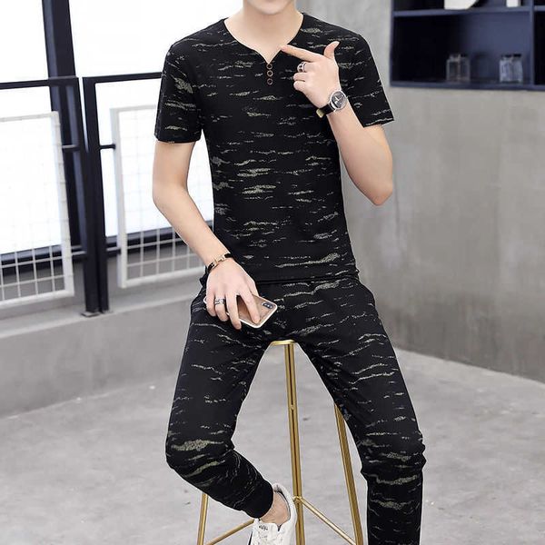 

w0801 heart neck short sleeve suit men's trend slim personality printed clothes youth fashion two piece set, Gray