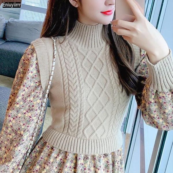 

winter spring floral print patchwork womens dress faux two piece knit sweater 0408, Black;gray
