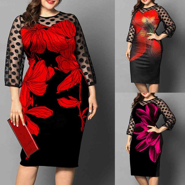 

polka dot mesh transparent stitching printed dress women elegant floral plus size vintage nine points sleeve party dress d3 210322, Black;gray