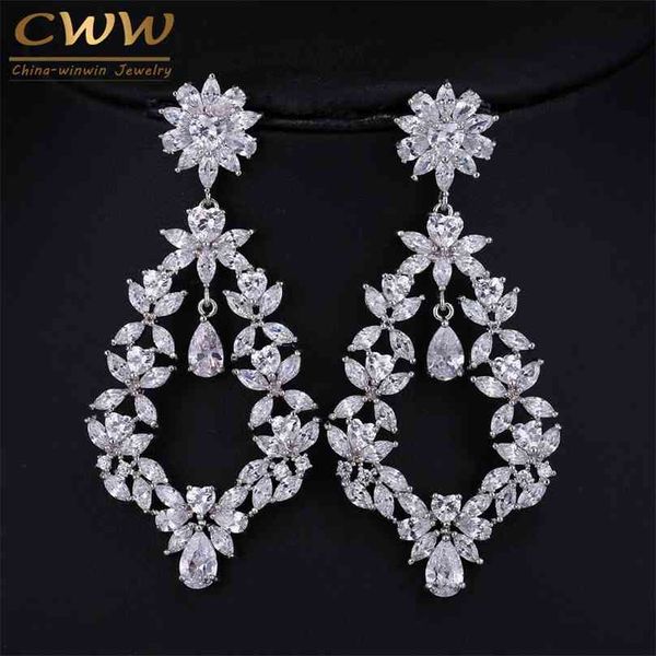 

cwwzircons vintage design large party jewelry cubic zirconia setting long flower drop big size fancy earrings for women cz087 210625, Silver