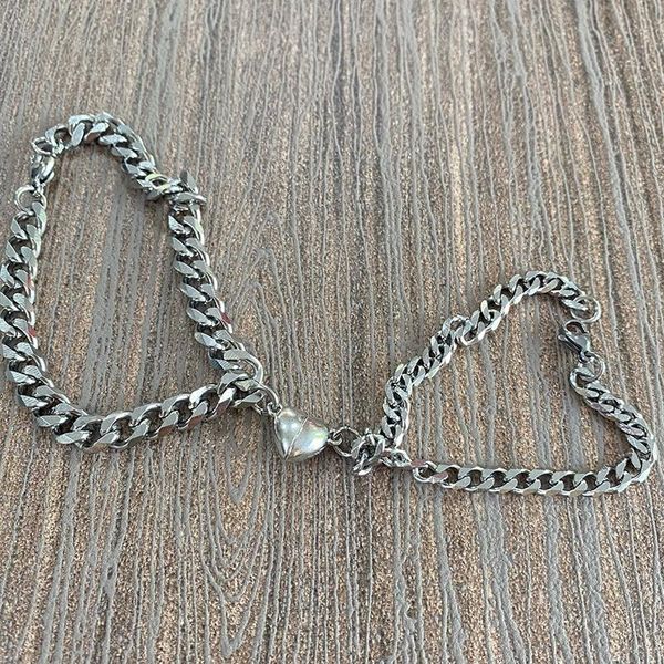 

link, chain 2pcs heart magnet attract couple bracelet love charm jewelry stainless steel cuba lover for women men, Black