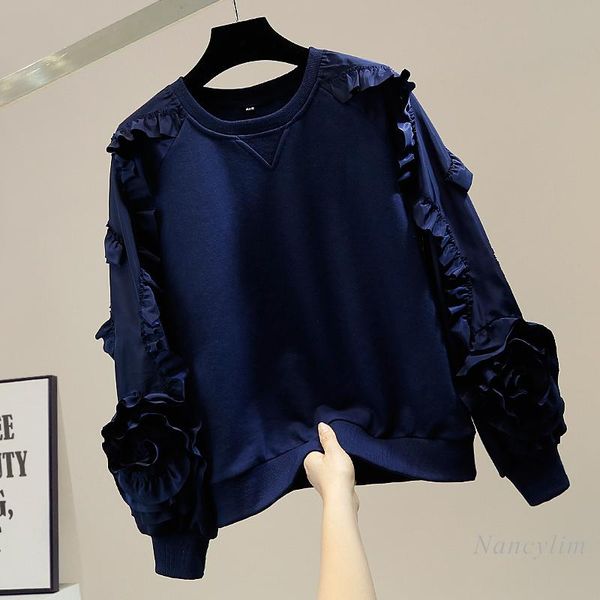 

women's hoodies & sweatshirts sweet sweatshirt women pleated ruffles large flower lantern sleeve crew neck pullover female lady pink b, Black