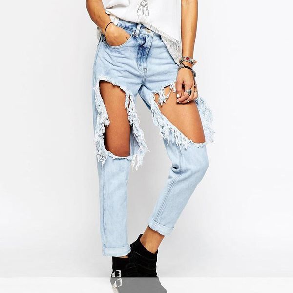 

jean women's high-waisted breeches womanly straight on afflicted long-legged shattered cut hole broken classic female brim pants street, Blue