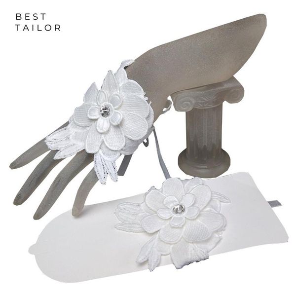 

bridal gloves short wedding hand fingerless flower applique tie bride cuffs accessories mariage femme, White