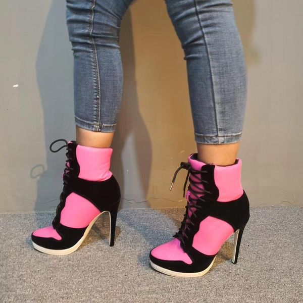 

boots olomm woman platform ankle boots stiletto high heels round toe pretty red pink casual shoes woman plus me size 4-15 3e8r, Black