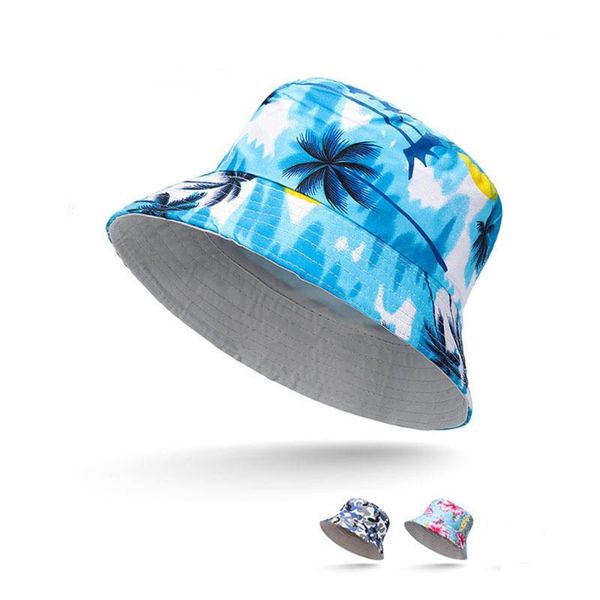 

cloches spring summer bucket hat men women sun caps flat fishing hats flower camouflage coconut tree travel unisex, Blue;gray