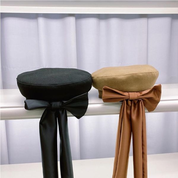 

berets fashion hats for women spring autumn flat big bow ribbon woolen keep warm painter hat cap female beret, Blue;gray
