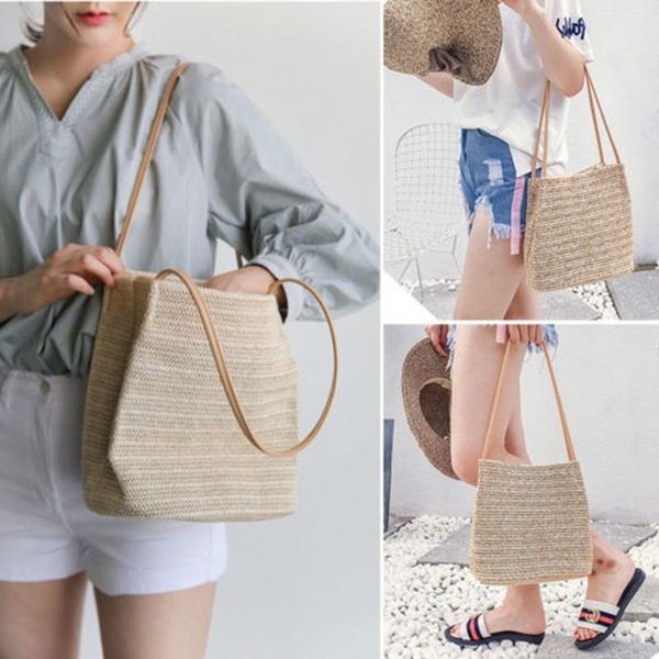 

evening bags fashion women straw large tote beach bag shoulder handbag retro rattan woven vintage knitted messenger purse#25