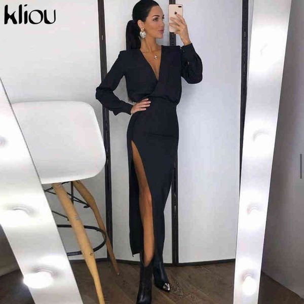 

kliou elegant maxi dress women classy solid side slit slim go out wear skirt long sleeve low v-neck female vestido de mujer y1204, Black;gray