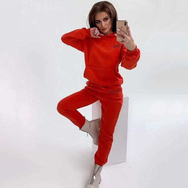 

autumn and winter women's hooded sweater + pants casual sports 2 two-piece set fashion solid color letter suit 210527, White