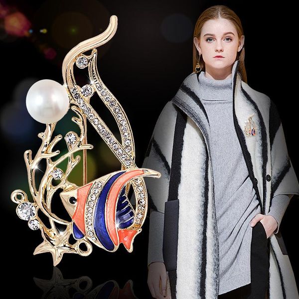 

pins, brooches tropical fish crystal pins luxury pearl rhinestone brooch korean accessories silk scarf shawl for women, Gray