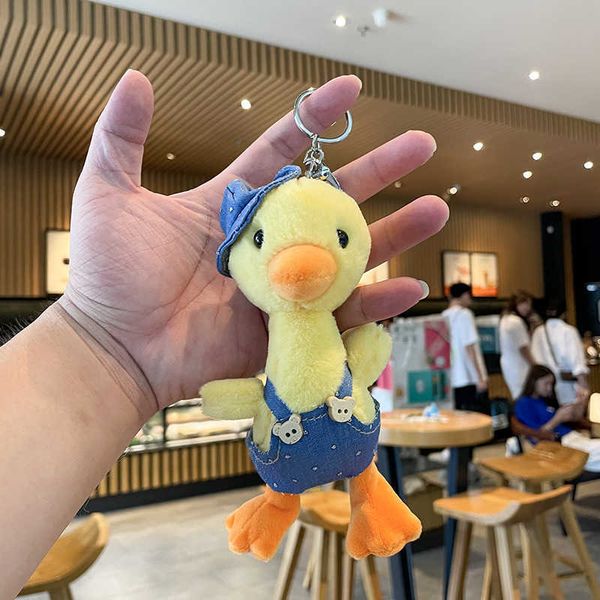 Boneca de pato de pelúcia bonito chaveiro pingente de desenhos animados desgaste chapéu macio macio brinquedo saco ornamento carro keyring criança escola acessórios presentes g1019