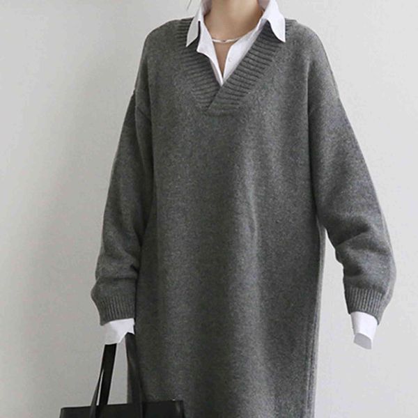 

casual dresses fashion women knitting dress autumn winter solid color warm v-neck long sleeve split fork simplicity japanese cmtg, Black;gray