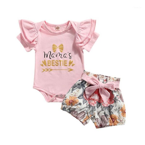 

clothing sets fashionable toddler baby girls 2pcs summer cotton outfits short sleeve letter print bodysuit bow belted floral shorts casual s, White