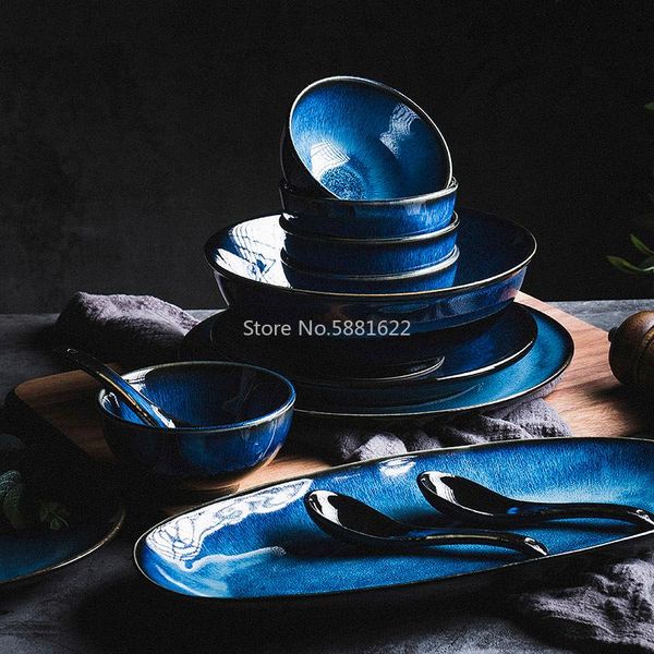 

2person dinnerware set japanese blue tableware retro household bowl dish rice sets