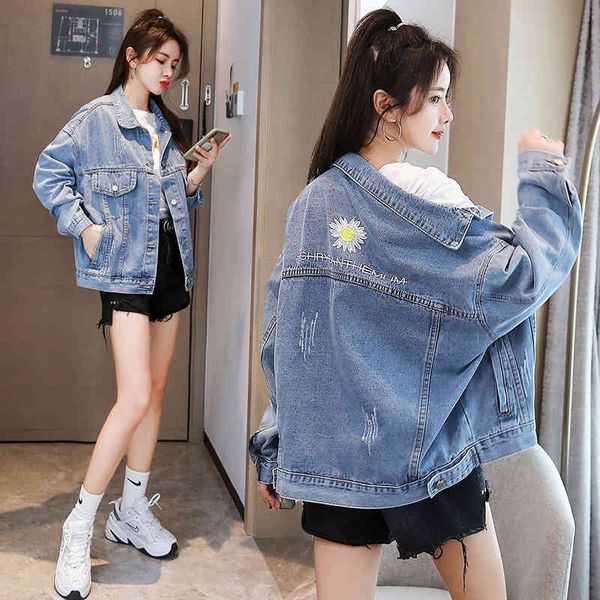 

women's jackets jean jacket spring and autumn korean style loose little daisy embroidered casual women's 9q8z, Black;brown
