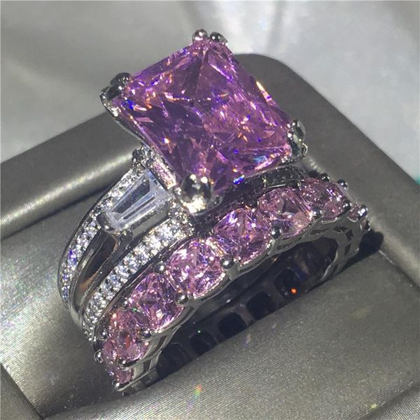 

cluster rings luxury eiffel tower 6ct lab pink diamond ring sets 925 sterling silver engagement wedding band for women men party jewelry, Golden;silver