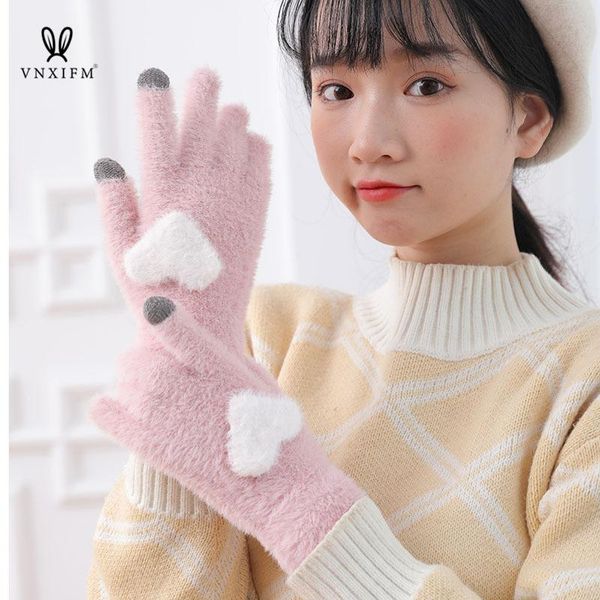 

five fingers gloves 2021 plush female winter warm middle-aged children' touch screen love cute girl knitted finger, Blue;gray