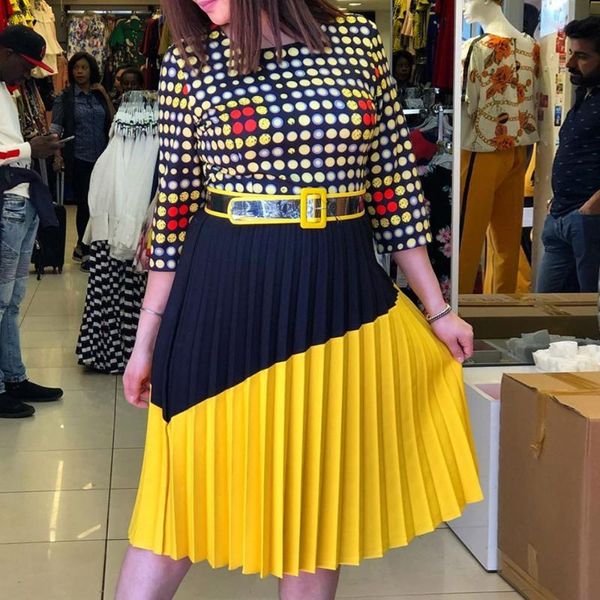 

casual dresses polka dot women pleated autumn african ladies midi elegant office workwear robe vintage female vestido plus size, Black;gray