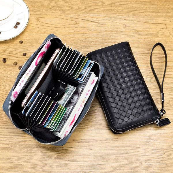 

wallets genuine leather men & women long wallet sheepskin organizer manual knitting female male large capacity vintage money bag, Red;black