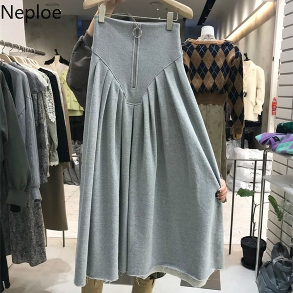 

neploe women's skirts casual a-line spring new solid color half zipper faldas high waist fold mid-length skirt female 4h603 210422, Black